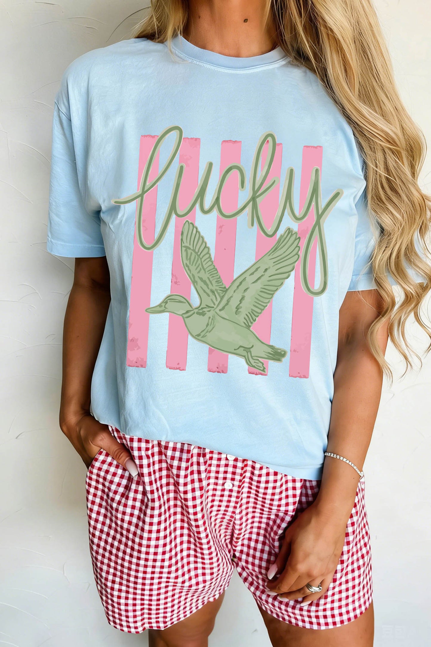 Light Blue Lucky Duck Print Casual Round Neck T Shirt