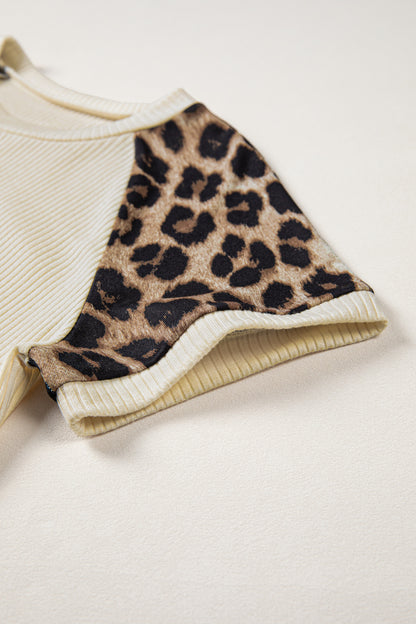 Apricot Ribbed Color Block Leopard Contrast Sleeve Loose Tee