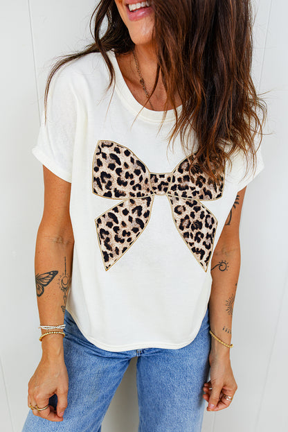 Black Leopard Bow Embroidered Cotton Round Neck T Shirt