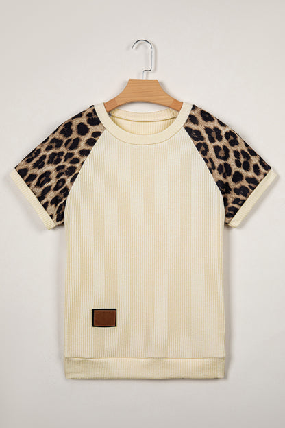 Apricot Ribbed Color Block Leopard Contrast Sleeve Loose Tee