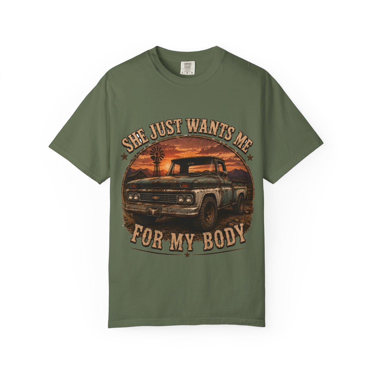 Classic Truck Sunset Tee — "She Just Wants Me For My Body" Vintage Pickup T-Shirt