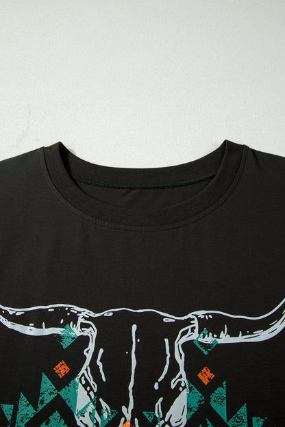Plus Size Western Aztec Bull Skull Printed T Shirt