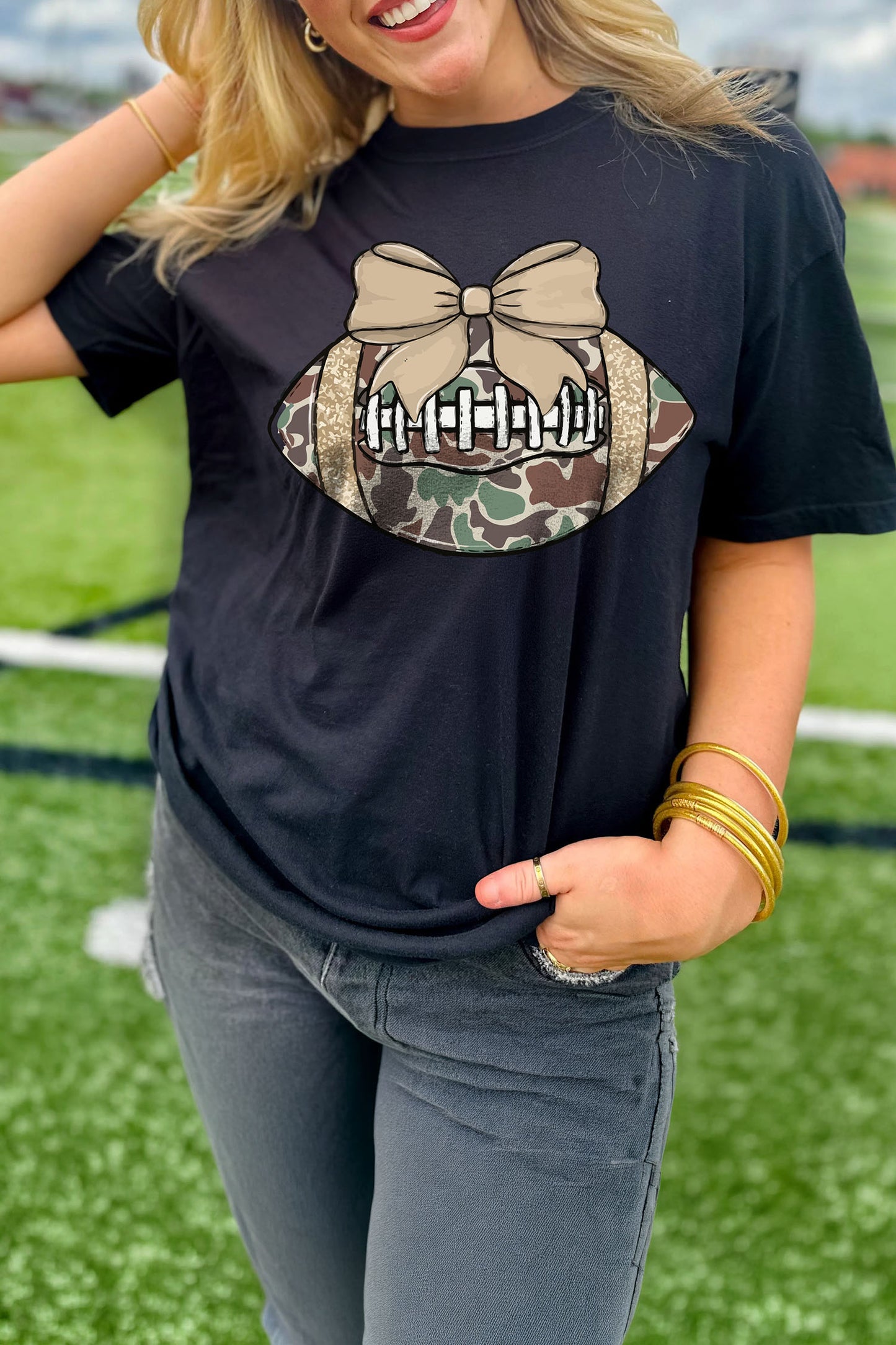Black Camouflage Football Bow Graphic Casual Shift Tee