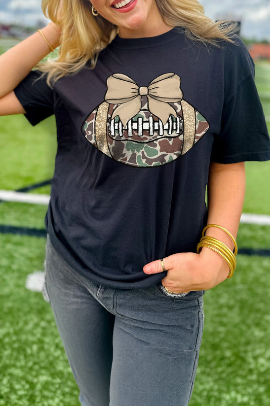 Black Camouflage Football Bow Graphic Casual Shift Tee