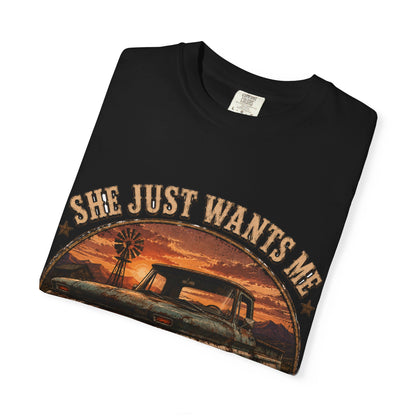 Classic Truck Sunset Tee — "She Just Wants Me For My Body" Vintage Pickup T-Shirt
