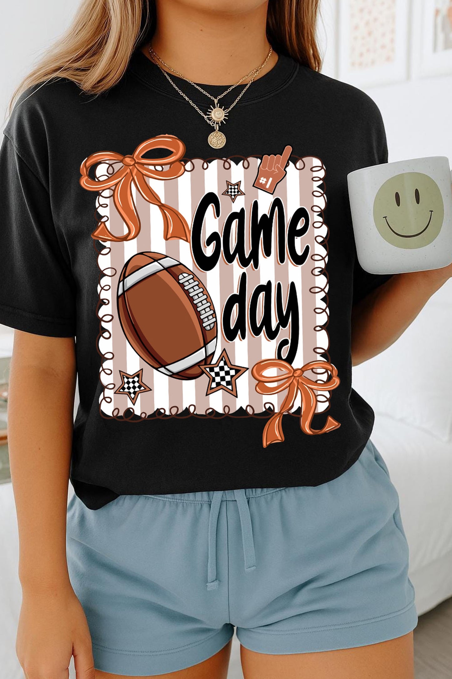 Black Casual Game Day Football Striped Tee