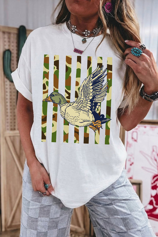 White Western Camo Duck Striped Print Cuffed Short Sleeve T-Shirt