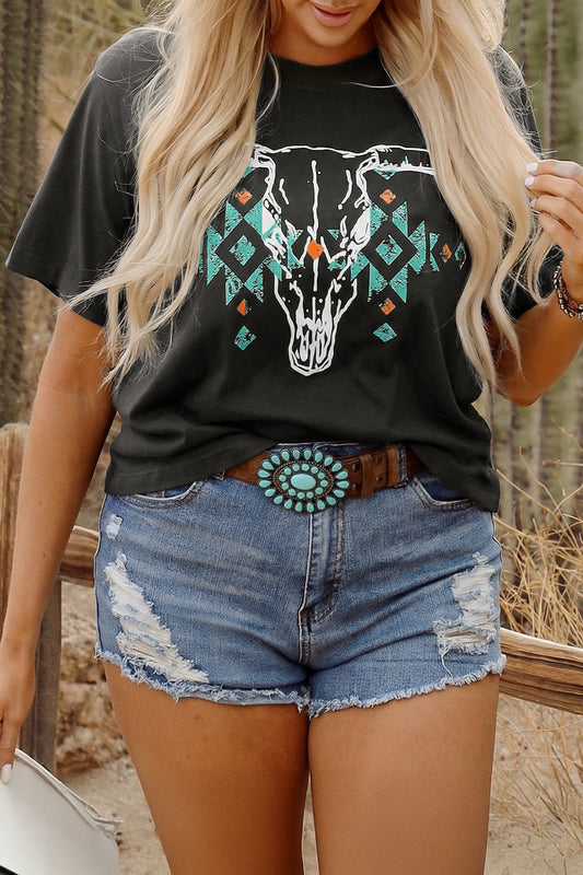 Plus Size Western Aztec Bull Skull Printed T Shirt