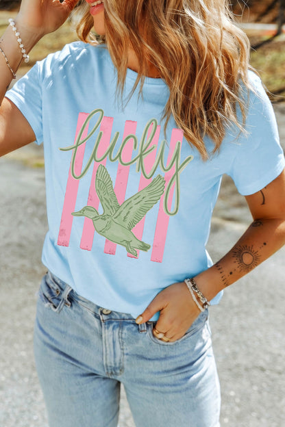 Light Blue Lucky Duck Print Casual Round Neck T Shirt
