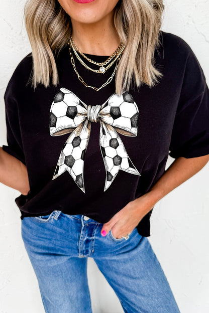 Black Soccer Bow Graphic Casual Summer Tee