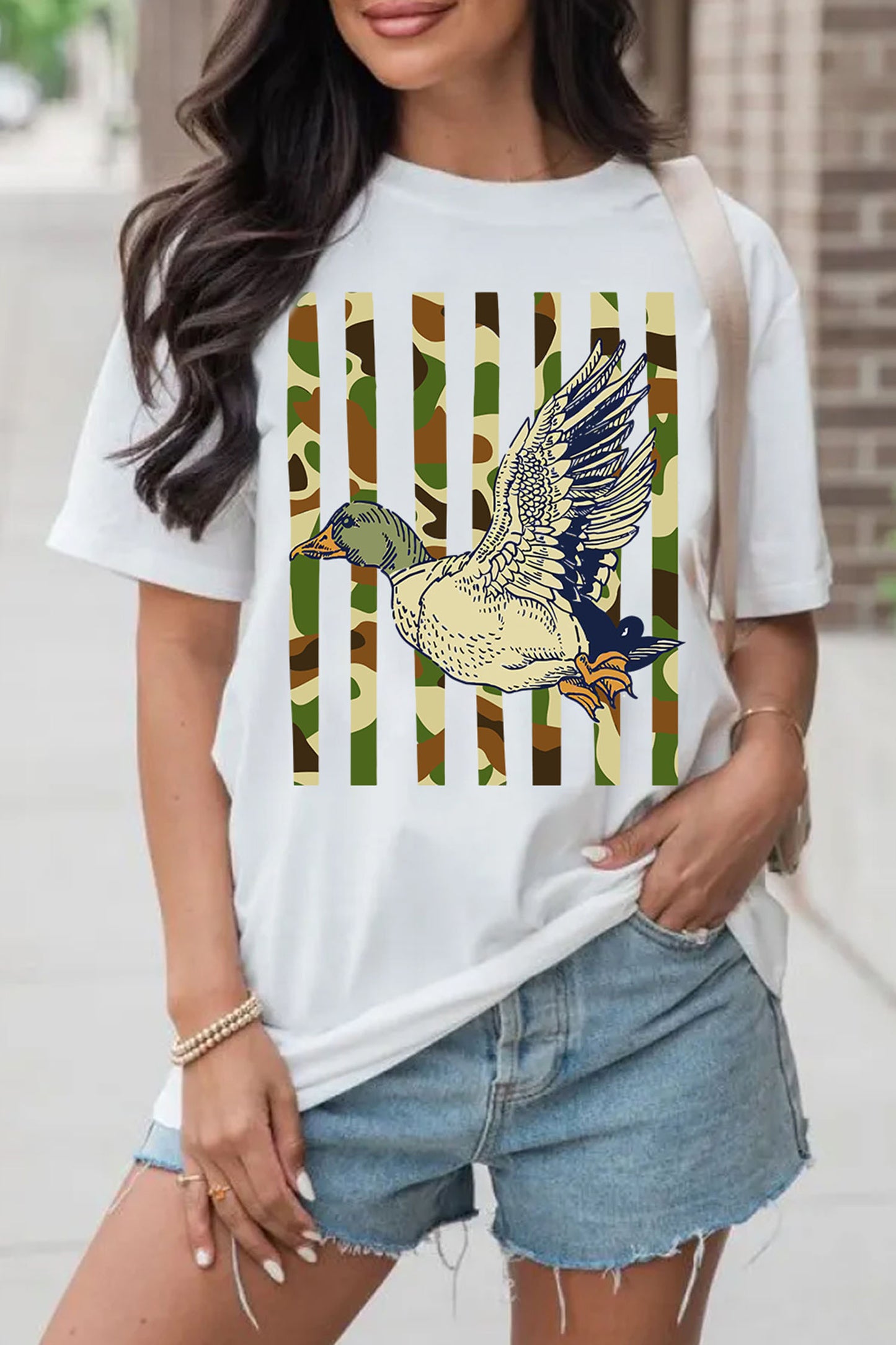White Western Camo Duck Striped Print Cuffed Short Sleeve T-Shirt