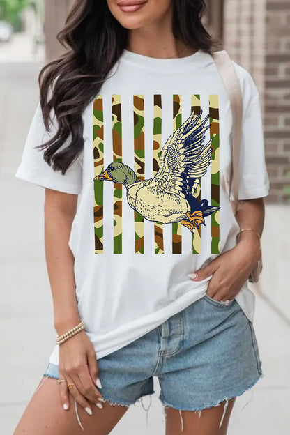 White Western Camo Duck Striped Print Cuffed Short Sleeve T-Shirt
