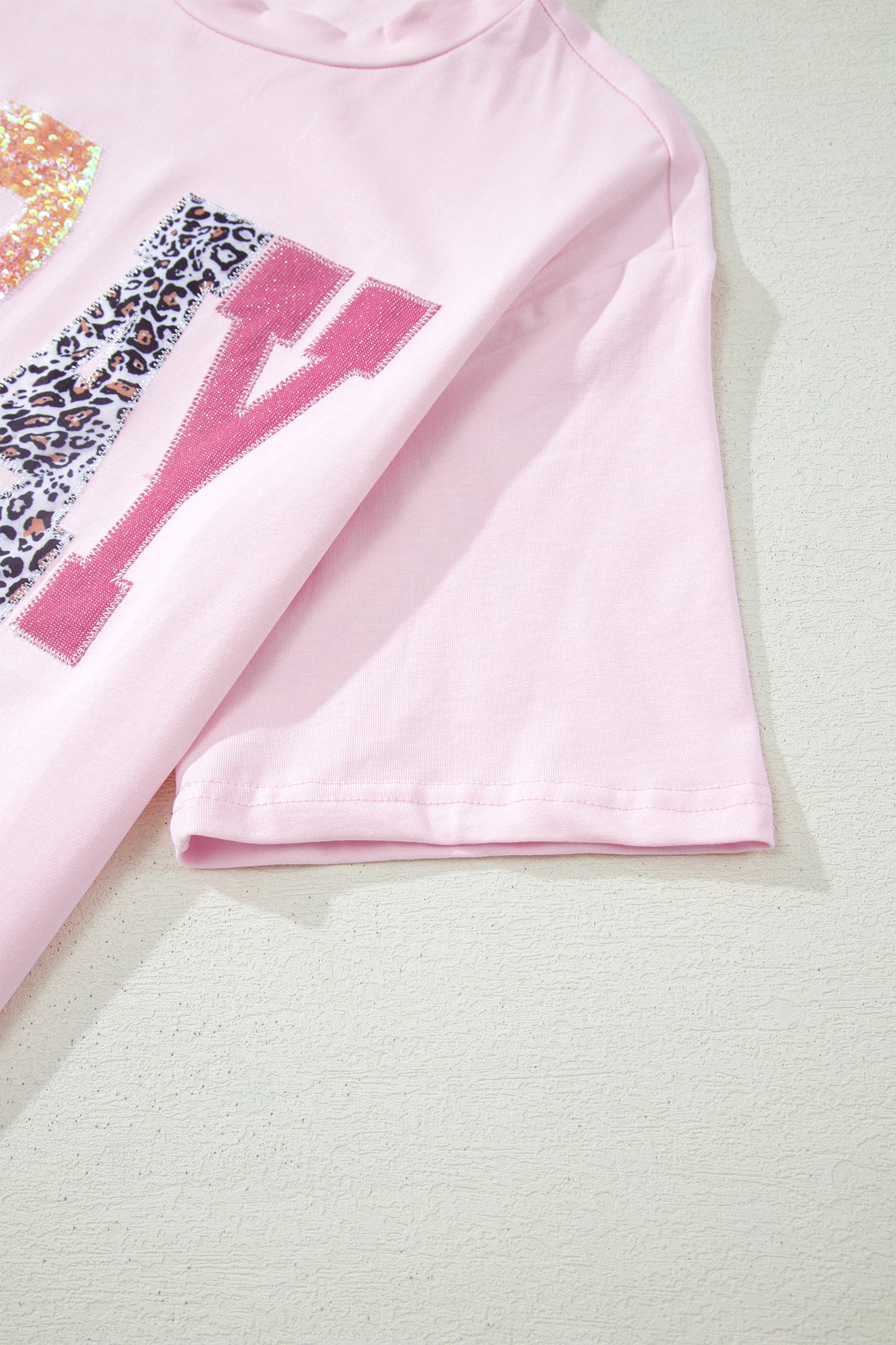 Pink PRAY Sequin Leopard Multiple Patched Graphic Tee