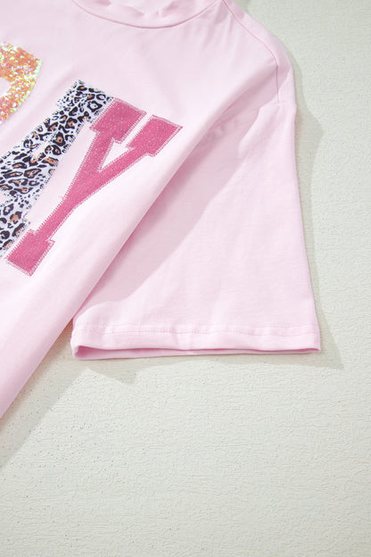Pink PRAY Sequin Leopard Multiple Patched Graphic Tee