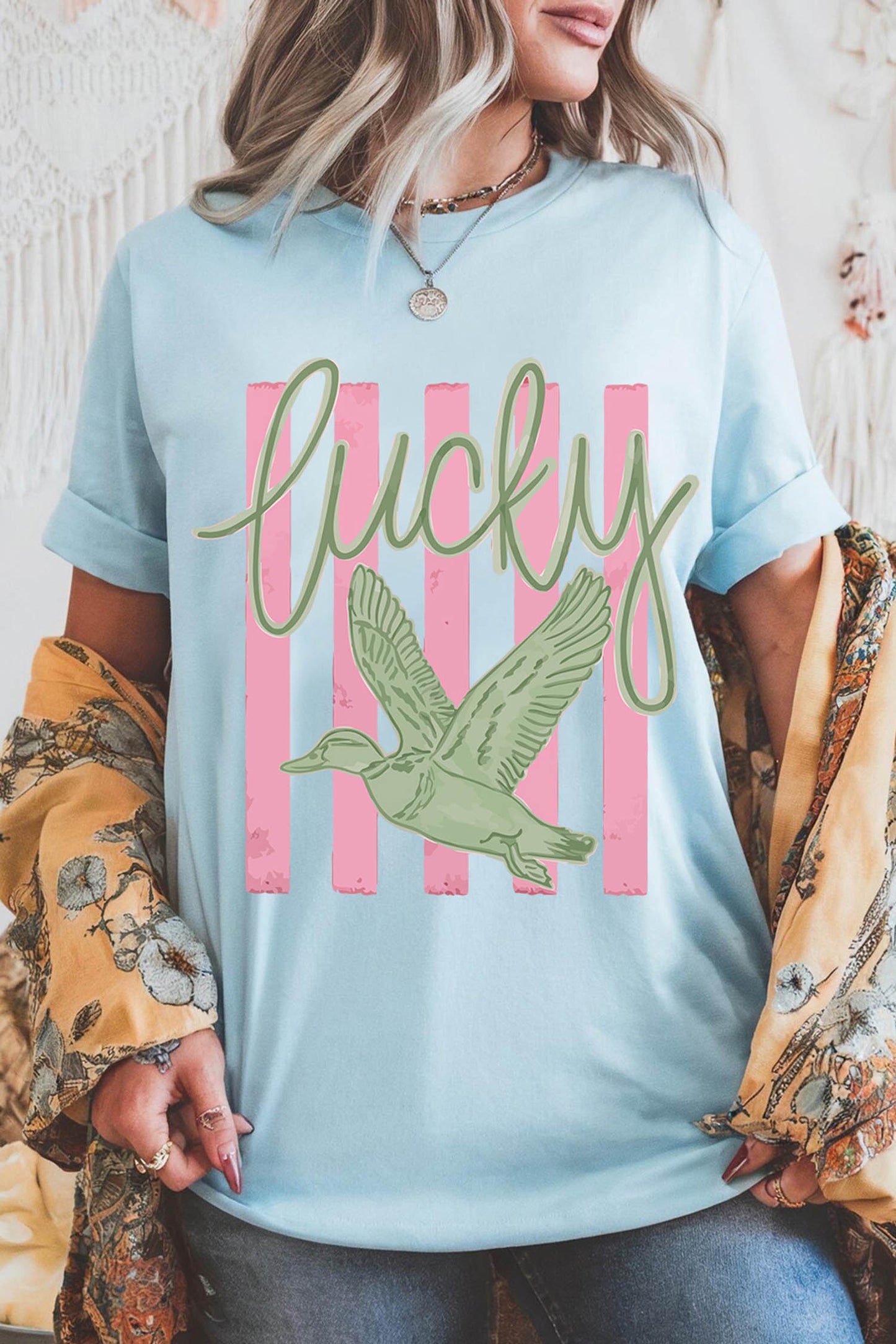 Light Blue Lucky Duck Print Casual Round Neck T Shirt