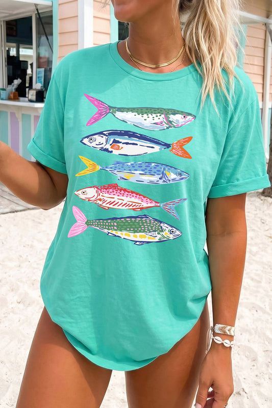 Mint Green Vibrant Fish Print Casual Short Sleeve T Shirt