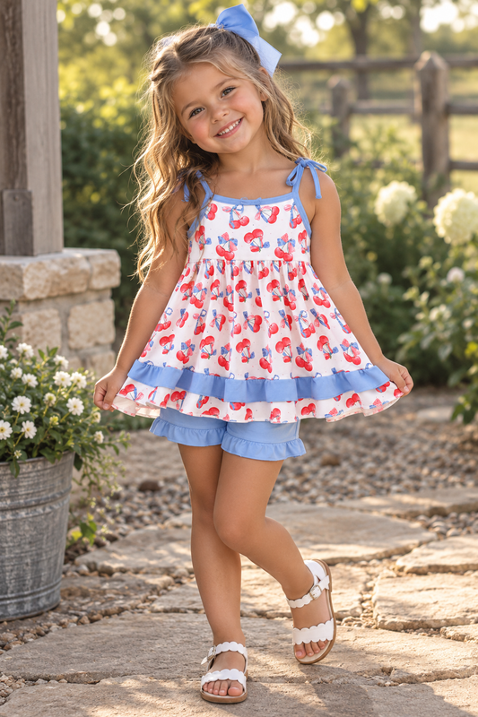 Girls Blue Cherry Ruffle Tunic & Shorts Set