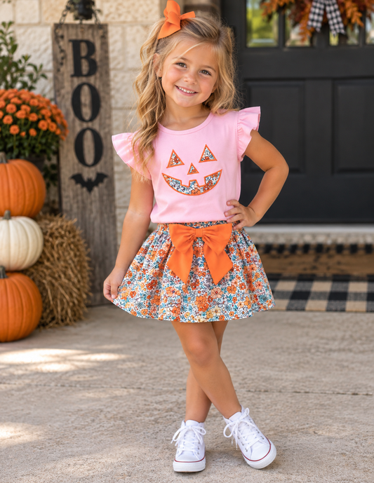Pink Jack-O-Lantern Applique Bow Skorts Set