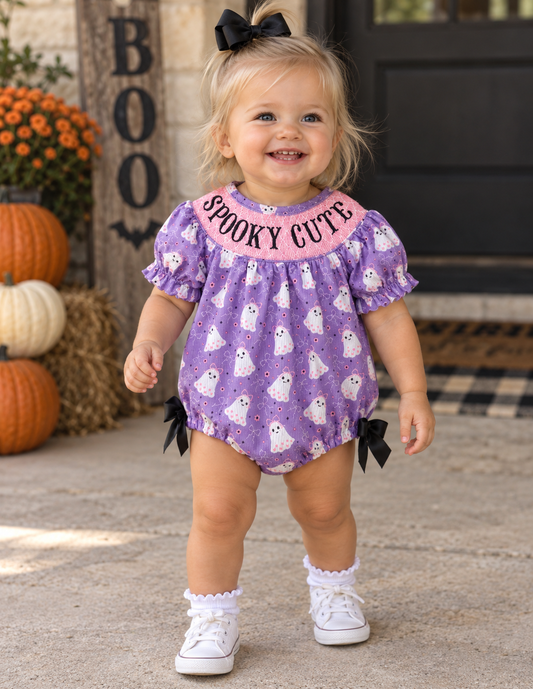 Purple Spooky cute Smocked Bubble
