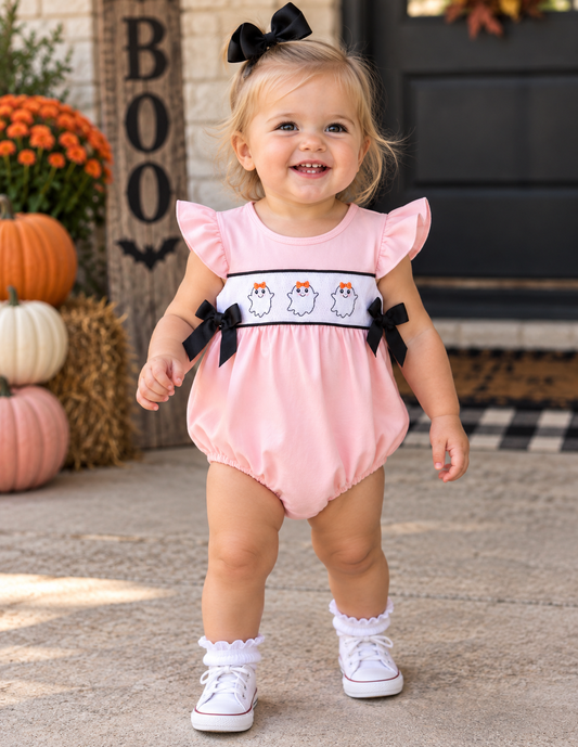 Pink Ghost Embroidery Ruffle Bubble