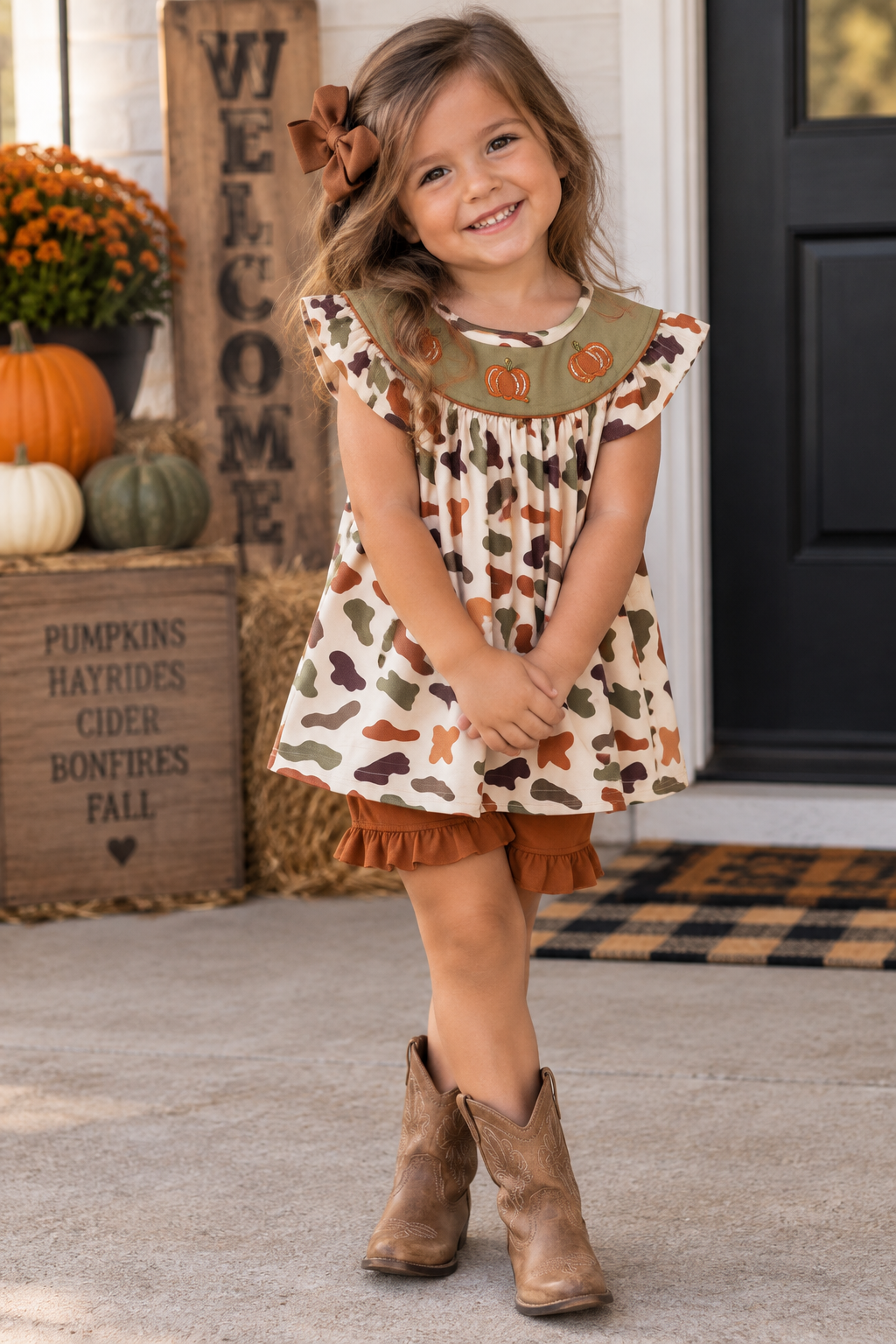 Camouflage Pumpkin Embroidery Ruffle Dress