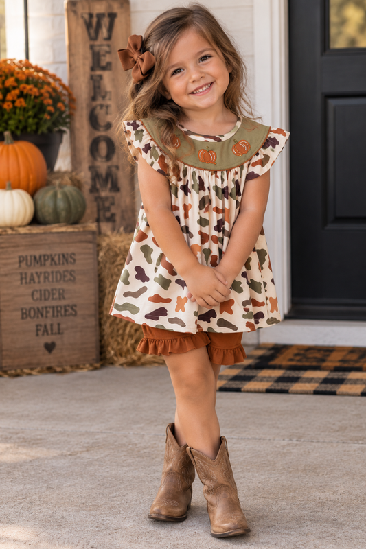 Camouflage Pumpkin Embroidery Ruffle Dress