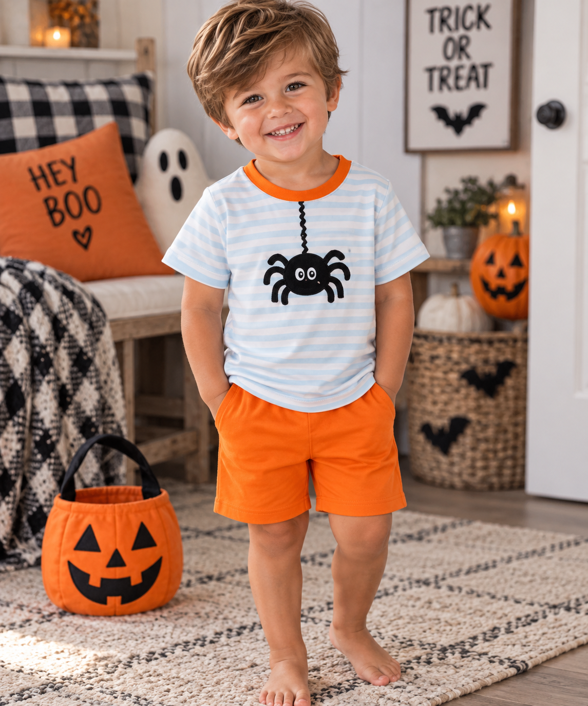 Orange Spider Embroidery shorts Set