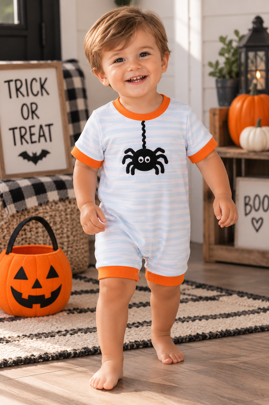 Orange Spider Embroidery Stripe Romper