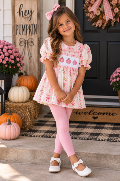 Pink Pumpkin Embroidery Ruffle Pants Set