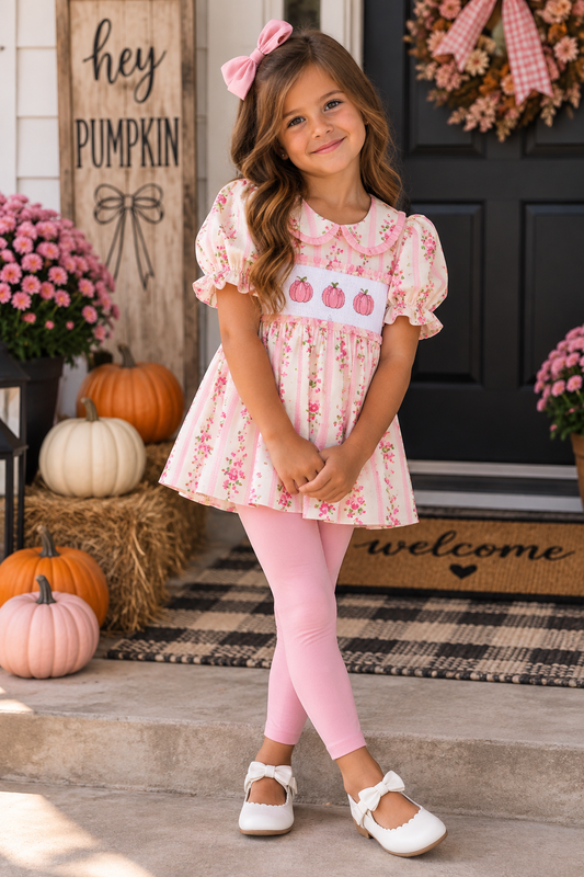 Pink Pumpkin Embroidery Ruffle Pants Set
