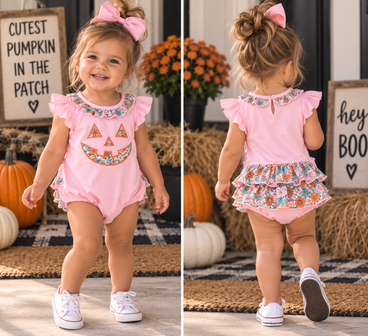 Pink Jack-O-Lantern Applique Ruffle Bubble