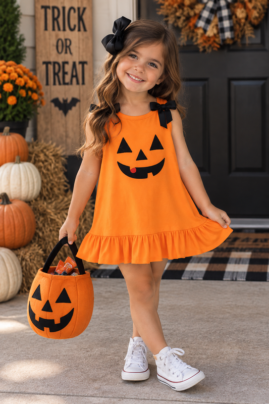 Orange Jack-O-Lantern  Applique Ruffle Dress