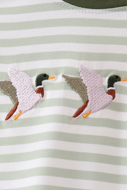 Green Duck Embroidered Stripe Romper