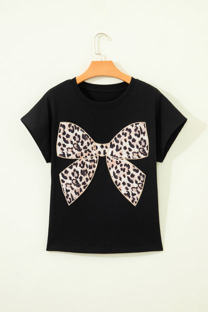 Black Leopard Bow Embroidered Cotton Round Neck T Shirt