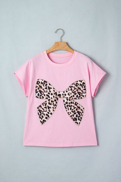 Black Leopard Bow Embroidered Cotton Round Neck T Shirt