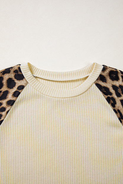 Apricot Ribbed Color Block Leopard Contrast Sleeve Loose Tee
