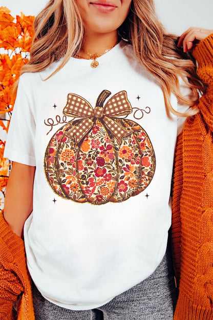 White Floral Pumpkin Print Round Neck Short Sleeve T-Shirt