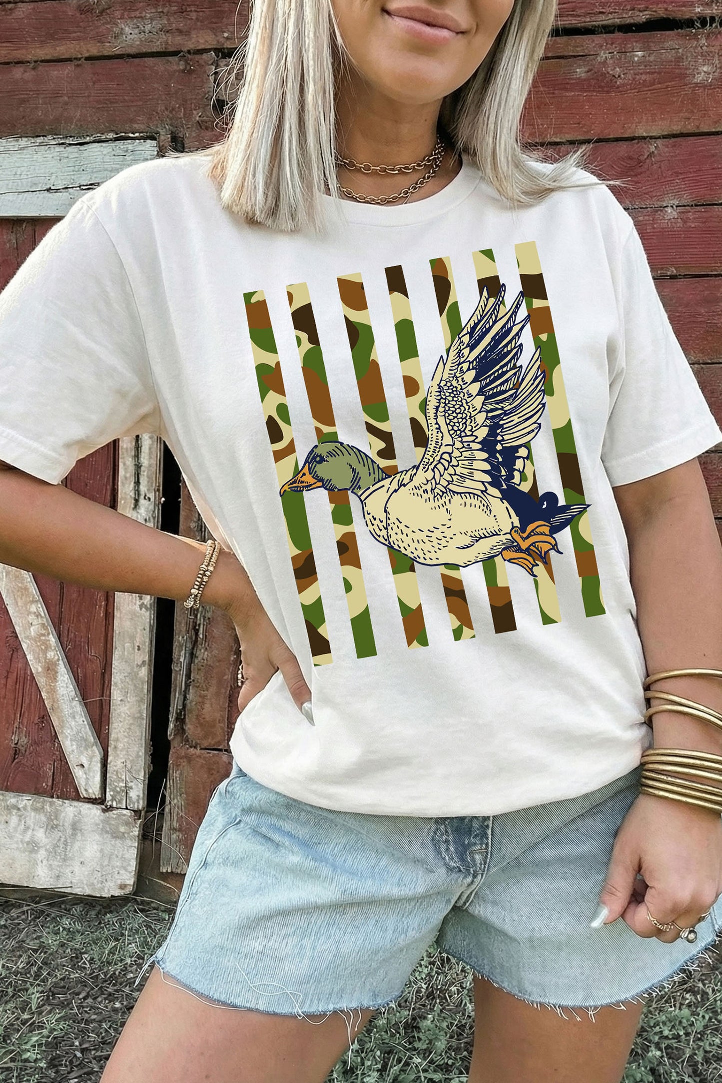 White Western Camo Duck Striped Print Cuffed Short Sleeve T-Shirt