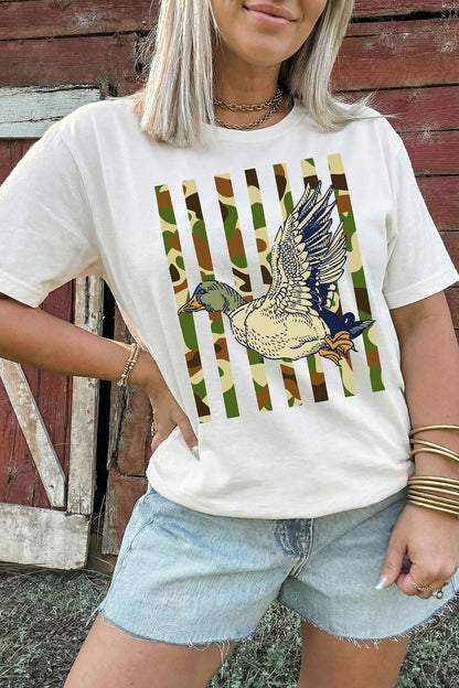 White Western Camo Duck Striped Print Cuffed Short Sleeve T-Shirt