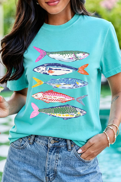 Mint Green Vibrant Fish Print Casual Short Sleeve T Shirt