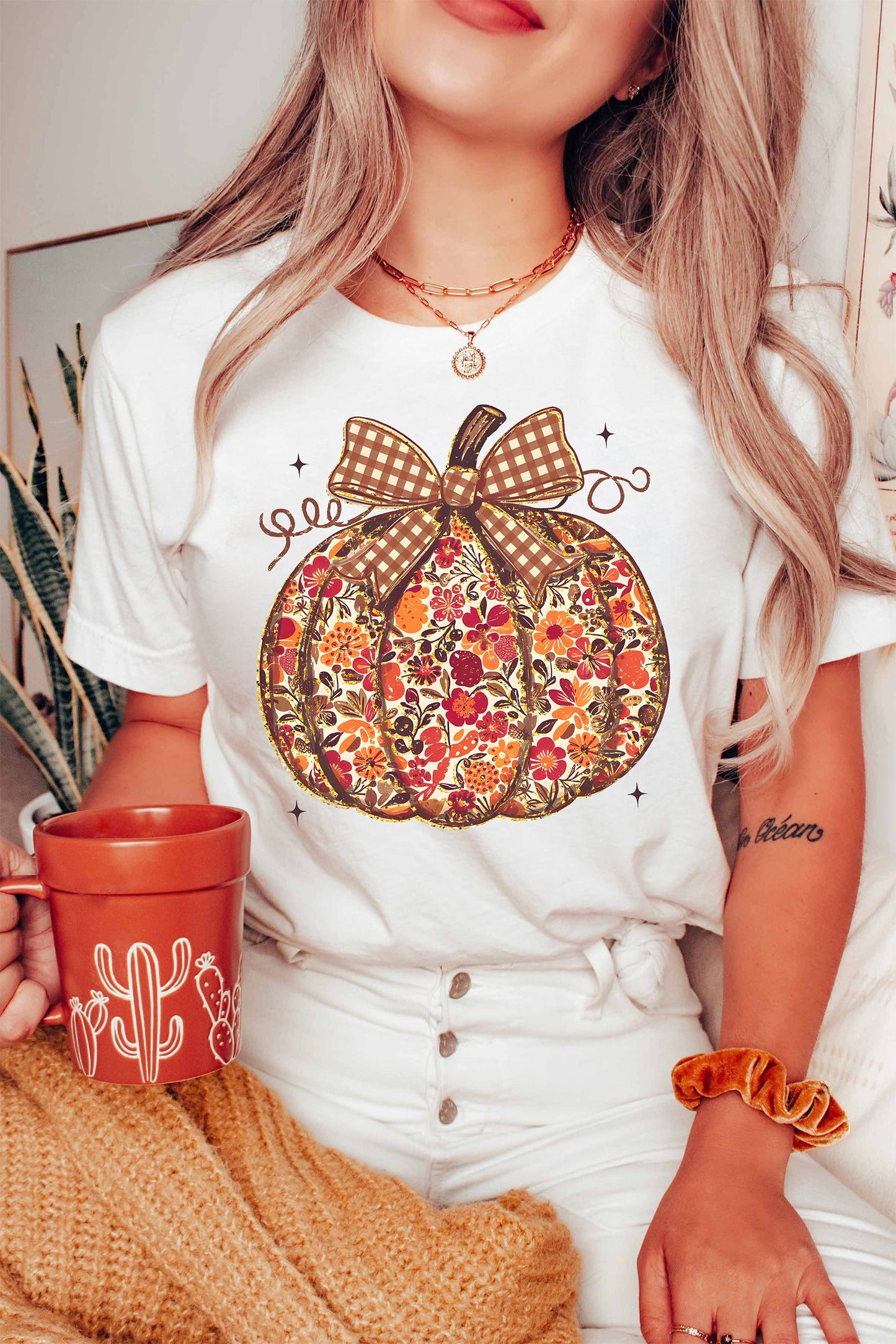 White Floral Pumpkin Print Round Neck Short Sleeve T-Shirt