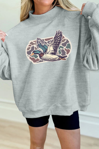Gray Mallard Duck Camouflage Print Mock Neck Sweatshirt