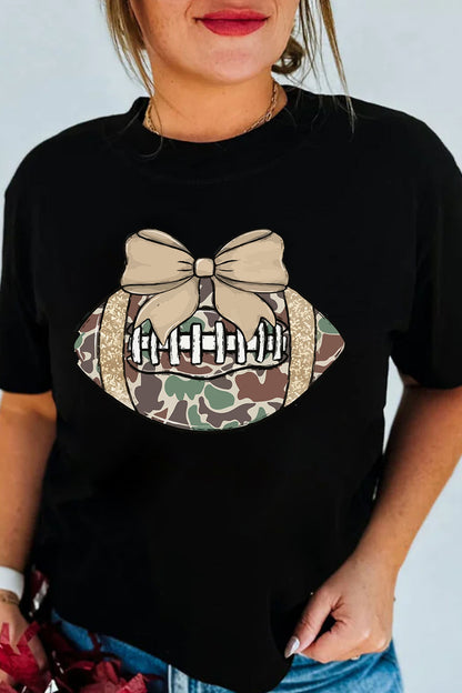 Black Camouflage Football Bow Graphic Casual Shift Tee