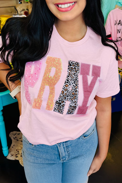 Pink PRAY Sequin Leopard Multiple Patched Graphic Tee