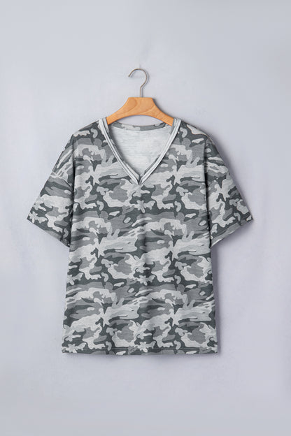 Green Retro Camouflage Print Raw Edge V Neck Tee