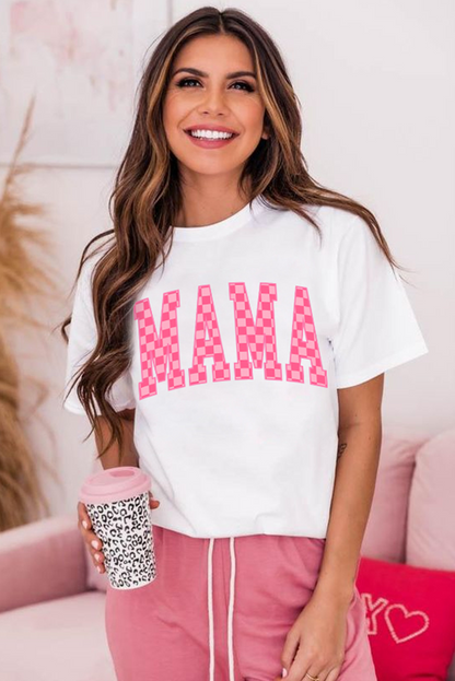 White Checkered MAMA Letter Heat Transfer Printing Graphic T Shirt
