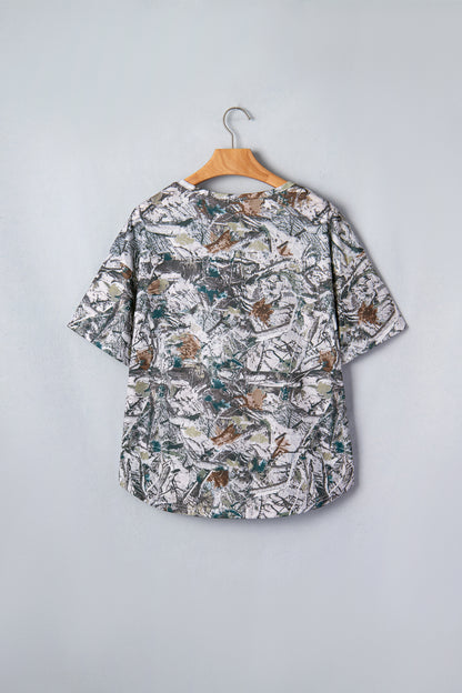 Gray Abstract Woodland Print Tunic Henley T Shirt