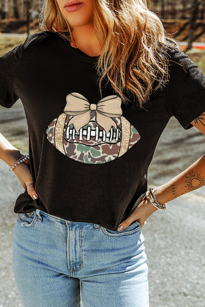 Black Camouflage Football Bow Graphic Casual Shift Tee