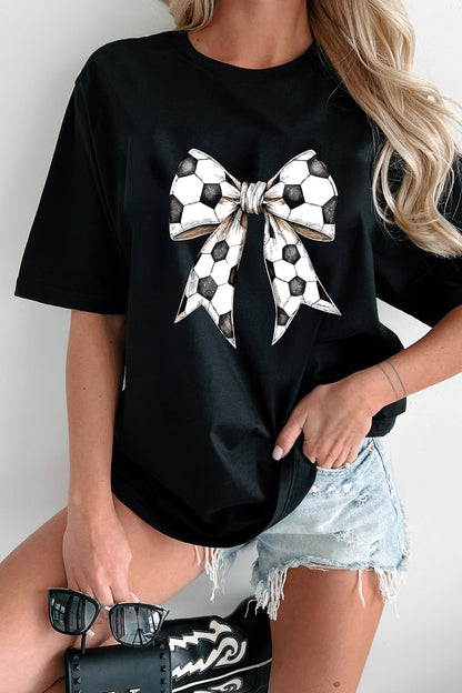 Black Soccer Bow Graphic Casual Summer Tee