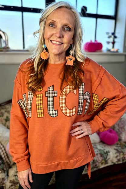 Flamingo Halloween Witchy Plaid Slogan Embroidered Patch Tunic Sweatshirt